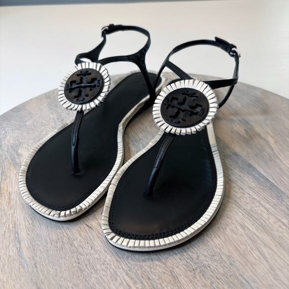 Tory Burch Miller Thong Sandals Black White Logo Leather Flip Flops Size 7M 7 M - Picture 2 of 8